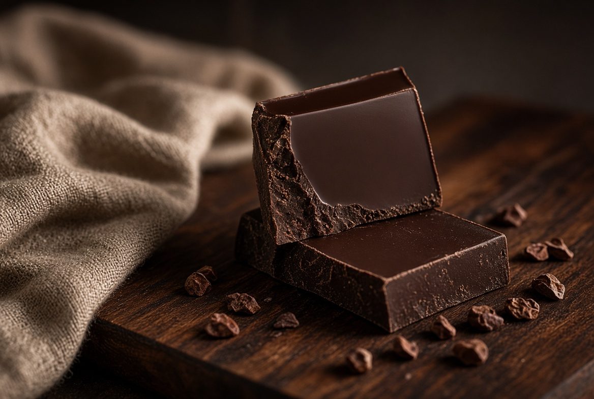 Éclats de chocolat noir posés sur une planche en bois
