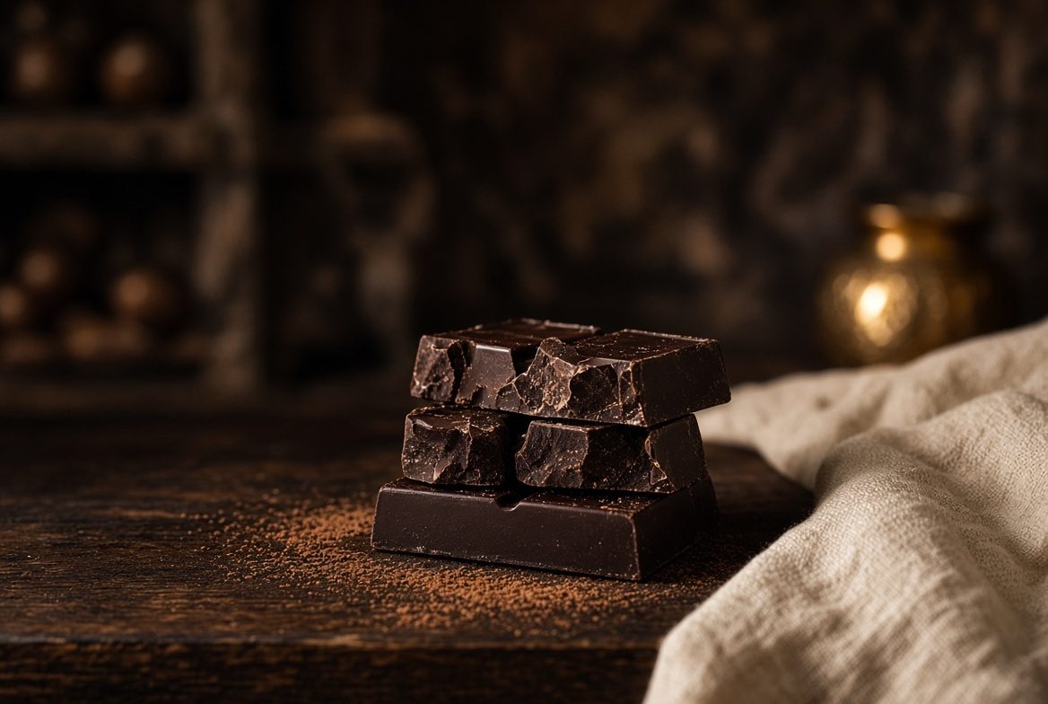 Pile de carrés de chocolat noir saupoudrés de cacao