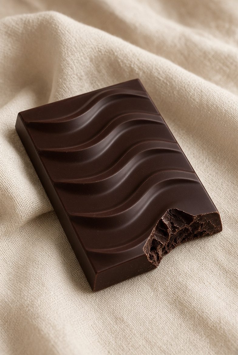 Tablette de chocolat noir à vagues, croquée